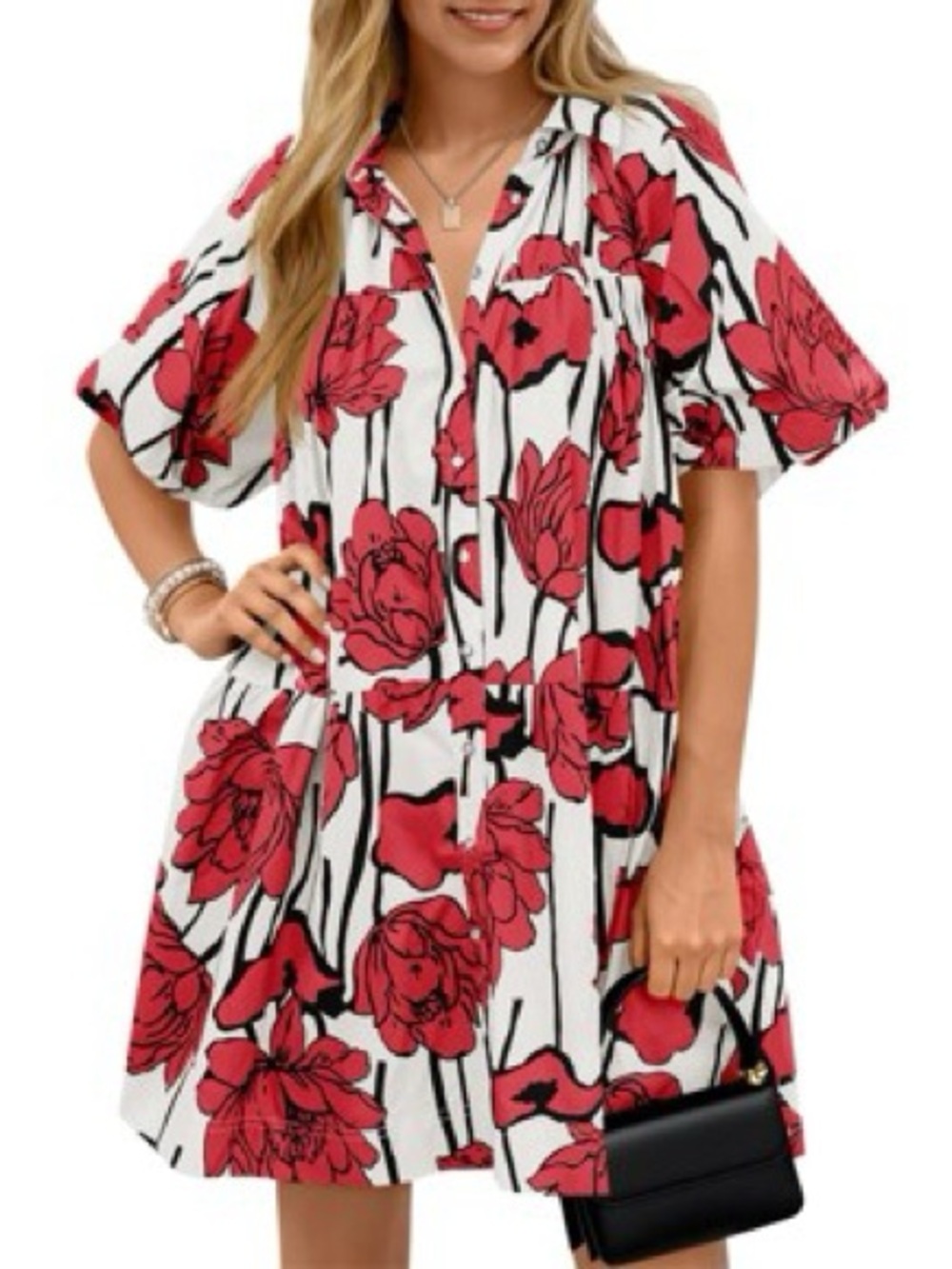 AUREUM Red and Black Floral Tiered Dress